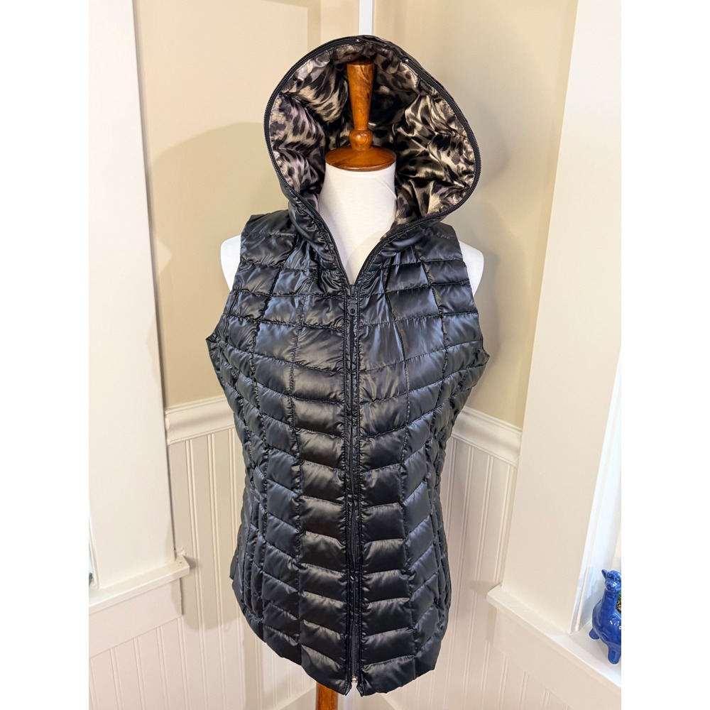 Obermeyer Black Down Puffer Vest Hooded Leopard Lining Size M